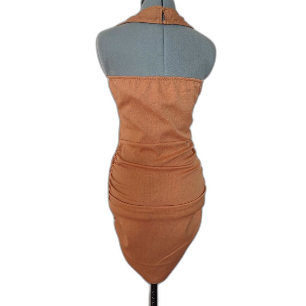 NWT PrettyLittleThing Orange Textured Woven Extreme V Bar Halter Bodycon Dress/6 - Picture 3 of 7